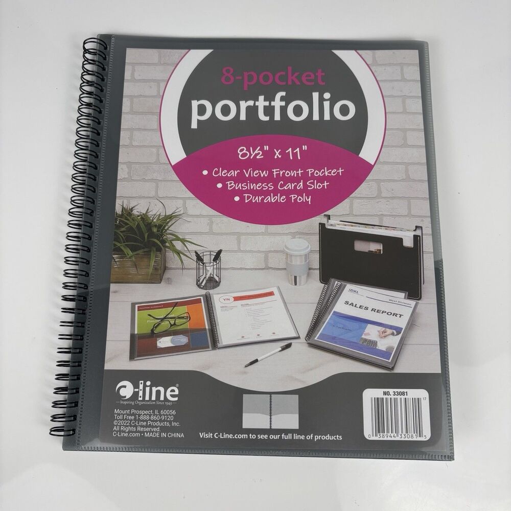 C-Line 8-Pocket Spiral-Bound Poly Portfolio Smoke Grey 33081 Letter Size 8.5x11